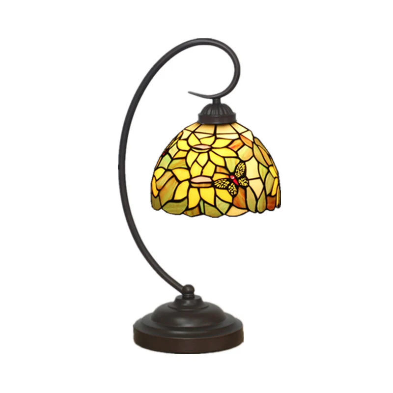 Lámpara de mesa de noche roja/amarilla, 1 luz, Tiffany, vidrio cortado mano, iluminación de escritorio con estampado de fl...