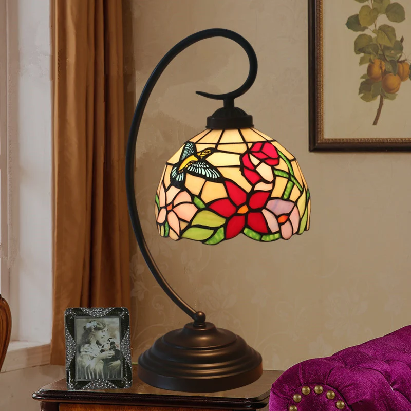 Lámpara de mesa de noche roja/amarilla, 1 luz, Tiffany, vidrio cortado mano, iluminación de escritorio con estampado de fl...
