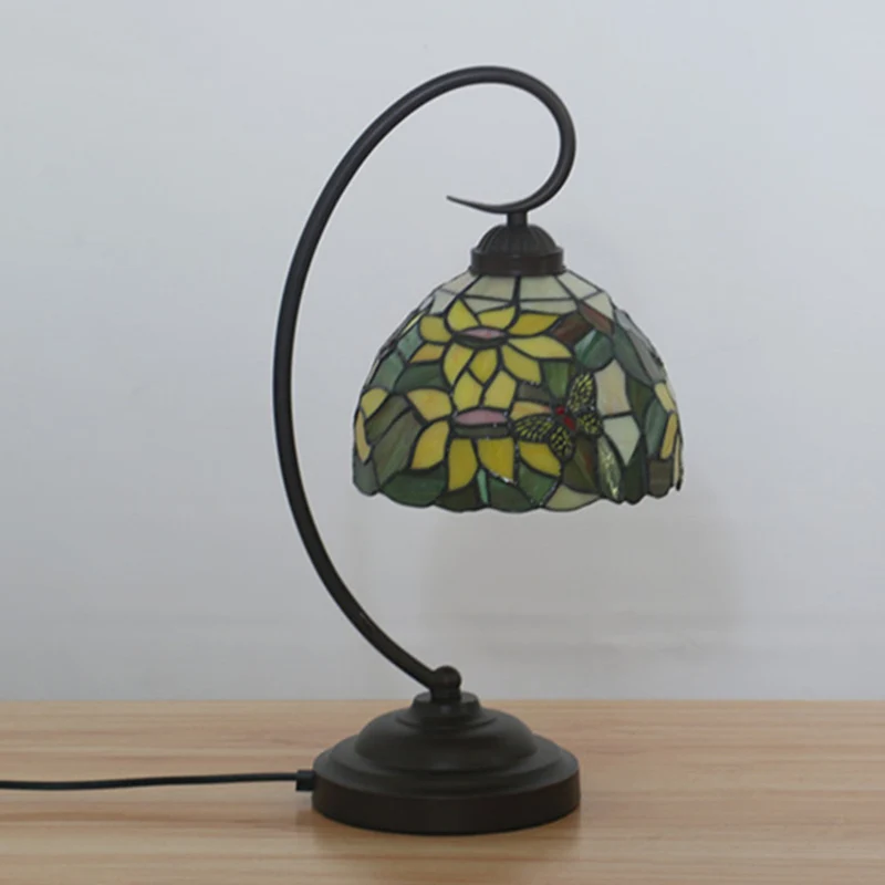 Lámpara de mesa de noche roja/amarilla, 1 luz, Tiffany, vidrio cortado mano, iluminación de escritorio con estampado de fl...