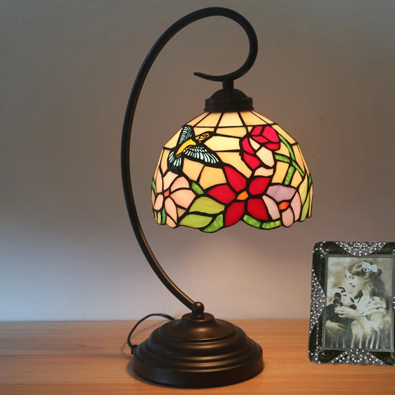 Lámpara de mesa de noche roja/amarilla, 1 luz, Tiffany, vidrio cortado mano, iluminación de escritorio con estampado de fl...