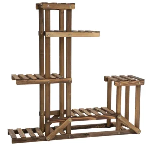 Maceta Biodegradable de Fibra Outsunny Soporte de Madera para Flores Estanterí Decorativa para Macetas Plantas con 6 Estan...