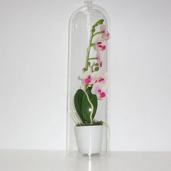 Maceta con orquídea artificial y cúpula de cristal 40 cm blanco con Drenaje Mejorado