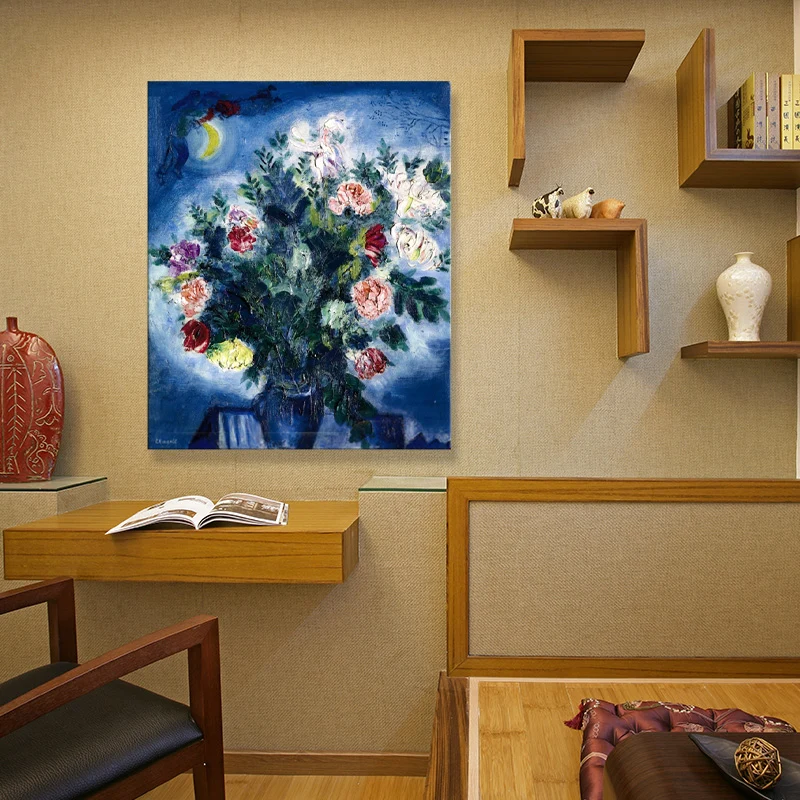 Persone strutturate che dipingono un mazzo di fiori e decorazioni da parete blu luna per la camera da letto con Certificad...