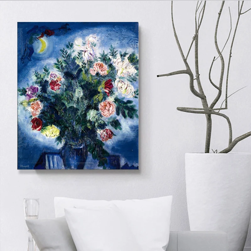 Persone strutturate che dipingono un mazzo di fiori e decorazioni da parete blu luna per la camera da letto con Certificad...