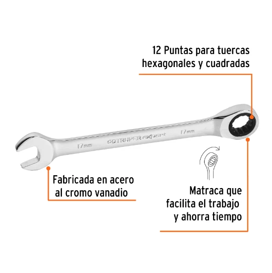 Soporte para Macetas Ajustable Llave combinada con matraca, 17 x 218 mm, Truper Expert