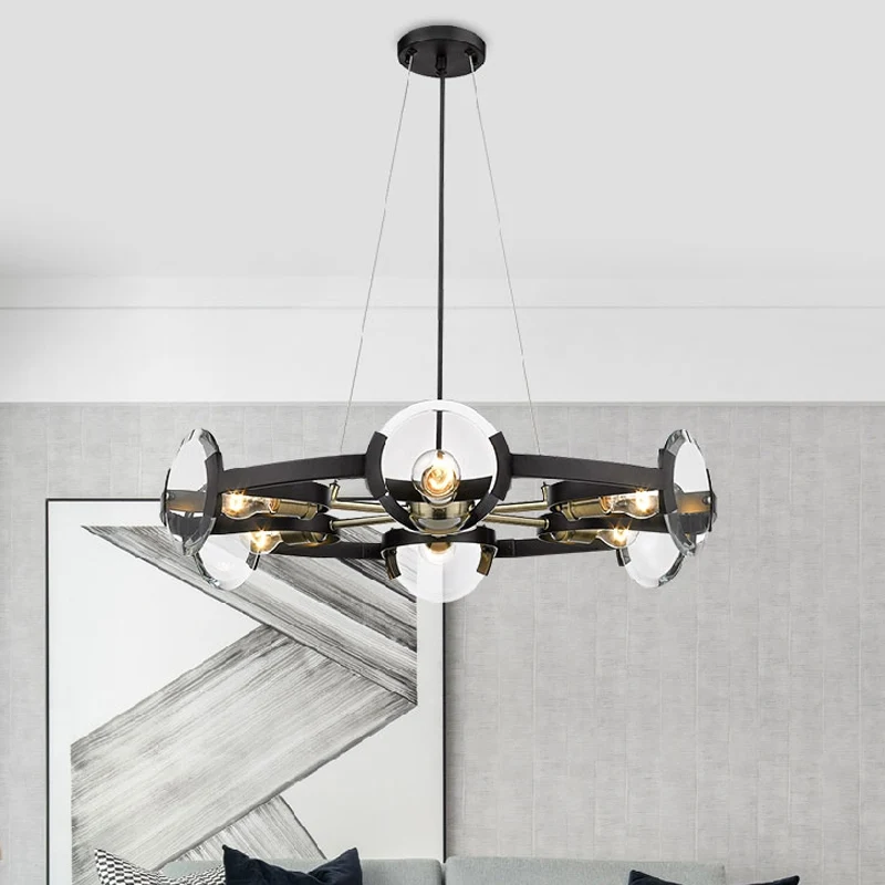 Lampadario sospensione circolare 4/6 luci Lampadario da soffitto metallizzato nero per fattoria con paralume vetro traspar...