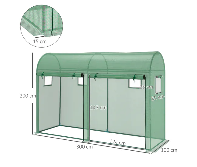 Outsunny Invernadero 300x100x200 cm Caseta de Jardín Invernadero con 4 Ventanas y 2 Puertas para Cultivos Plantas Flores d...