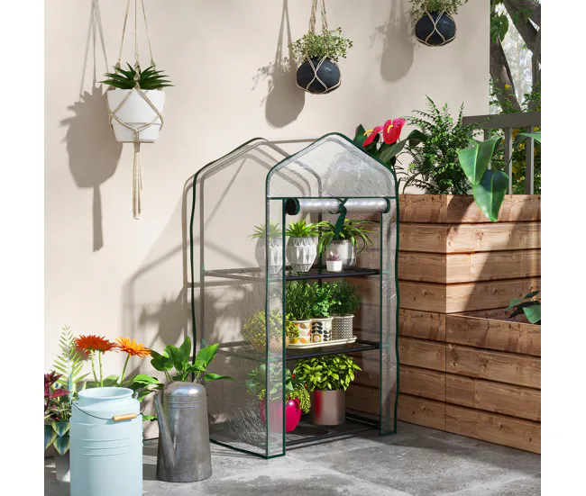 Outsunny Invernadero de Jardín de 3 Niveles Invernadero de Terraza con 3 Estantes 1 Puerta con Cremallera para Cultivo de...