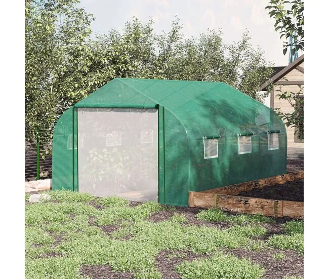 Outsunny Invernadero de Túnel 3,5x3x2 m Invernadero de Jardín con Puerta y 6 Ventanas Enrollables de Polietileno PE 140 g/...