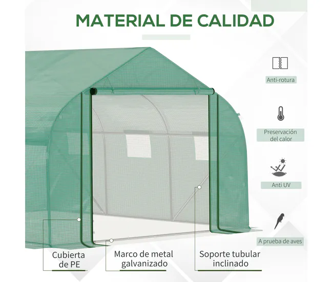 Outsunny Invernadero de Túnel 3,5x3x2 m Invernadero de Jardín con Puerta y 6 Ventanas Enrollables de Polietileno PE 140 g/...