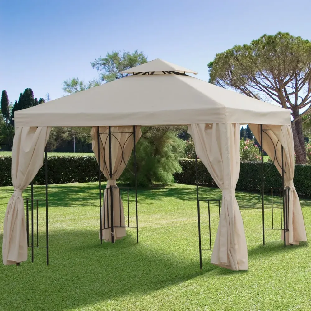 Carpa de jardín Uwen Outsunny 4 cortinas doble techo crema 3x3 m para Crear una Zona de Descanso