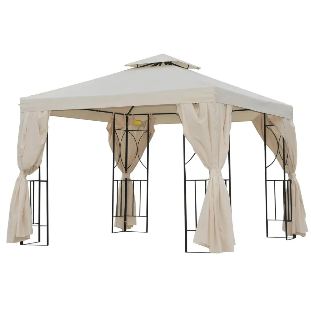 Carpa de jardín Uwen Outsunny 4 cortinas doble techo crema 3x3 m para Crear una Zona de Descanso