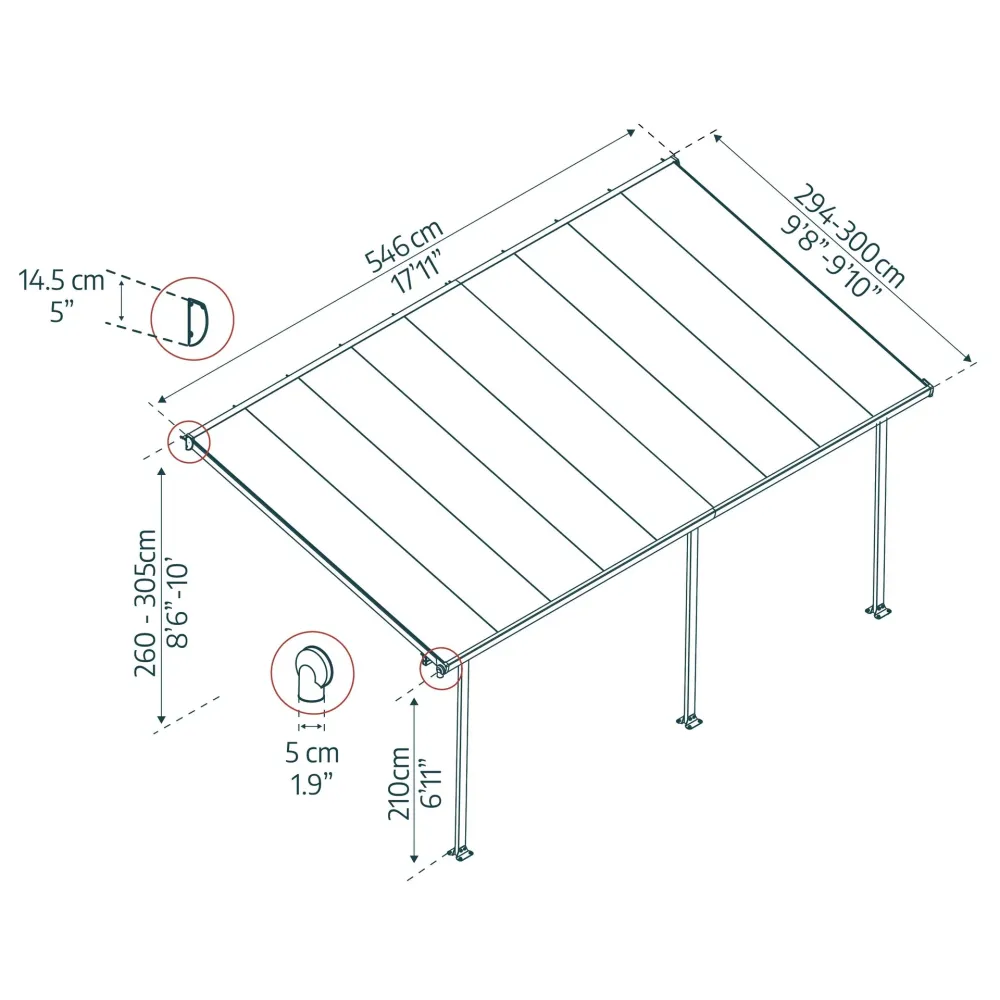 Cenador con Mosquitera Pérgola adosada Feria 300x54 cm gris