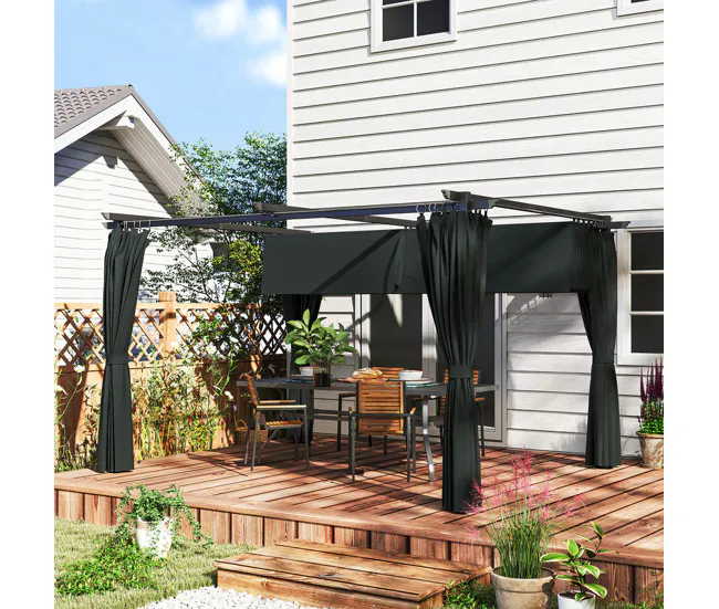 Outsunny Pérgola con Techo Retráctil 4x3 m Pérgola de Aluminio con Paredes Laterales Cenador con Tela de Poliéster Anti-UV...