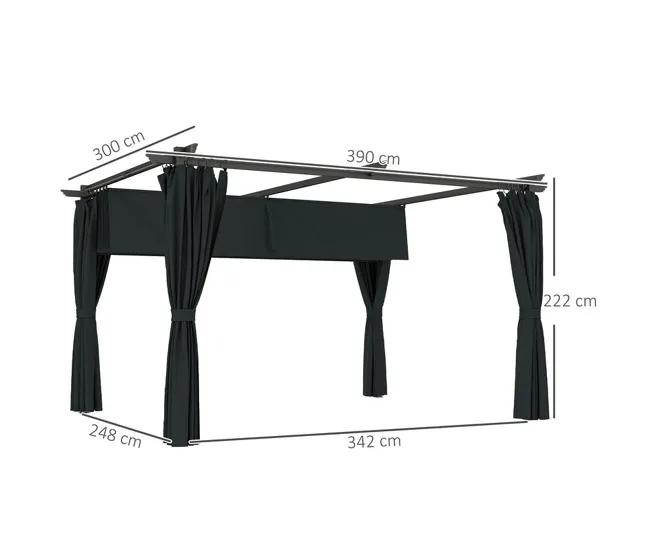 Outsunny Pérgola con Techo Retráctil 4x3 m Pérgola de Aluminio con Paredes Laterales Cenador con Tela de Poliéster Anti-UV...