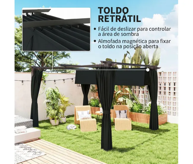 Outsunny Pérgola con Techo Retráctil 4x3 m Pérgola de Aluminio con Paredes Laterales Cenador con Tela de Poliéster Anti-UV...