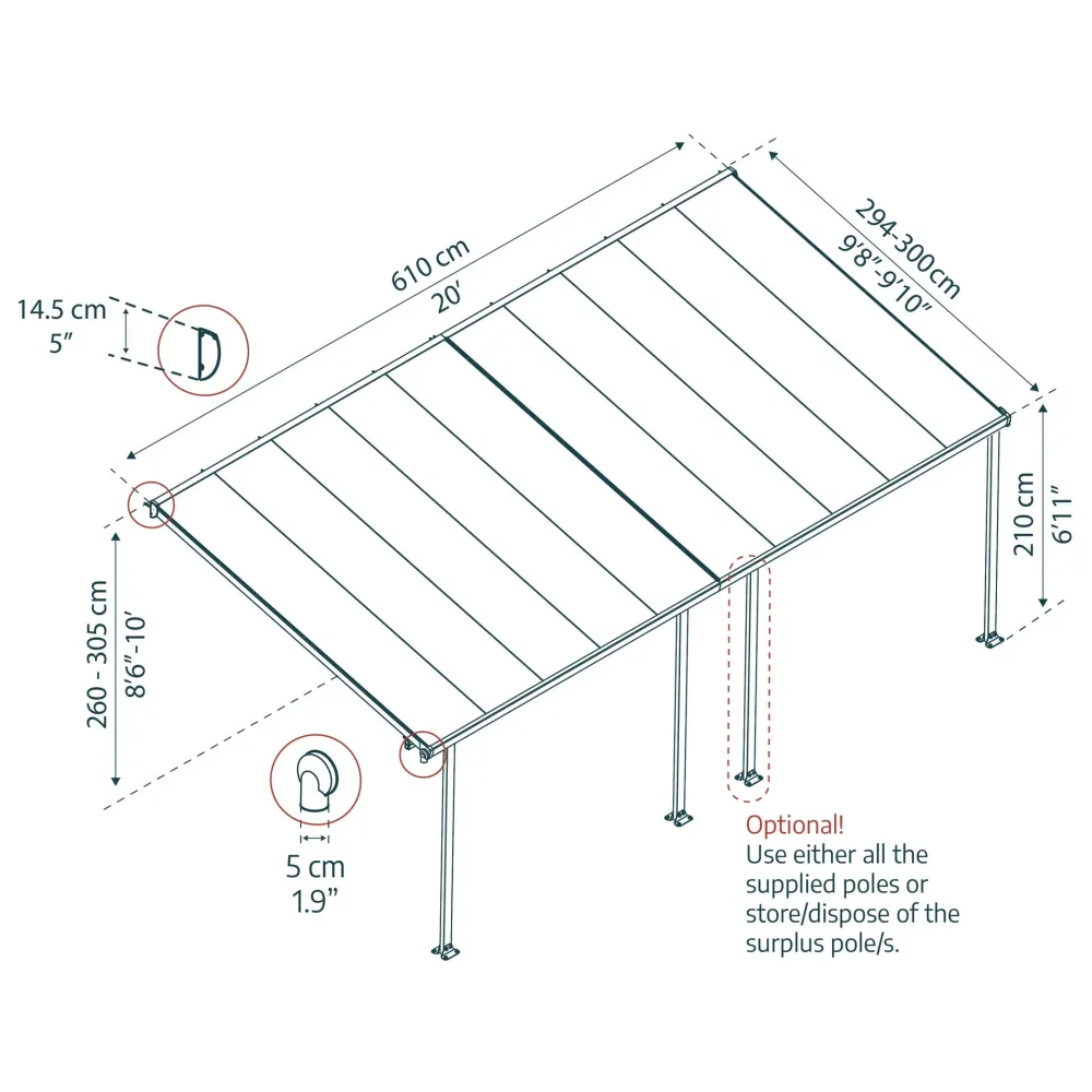Pabellón de Exterior Pérgola adosada Feria 300x61 cm gris