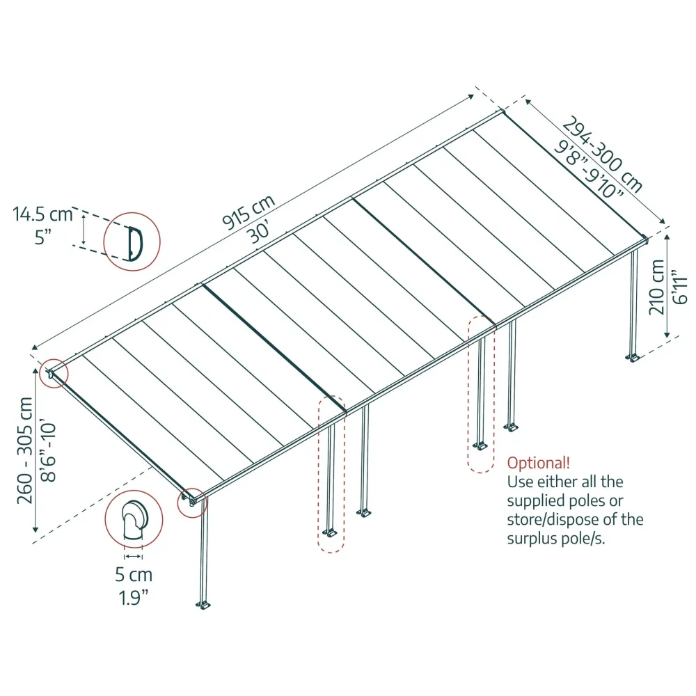 Pérgola adosada Feria 300x915 m gris | Instalación Rápida y Sencilla