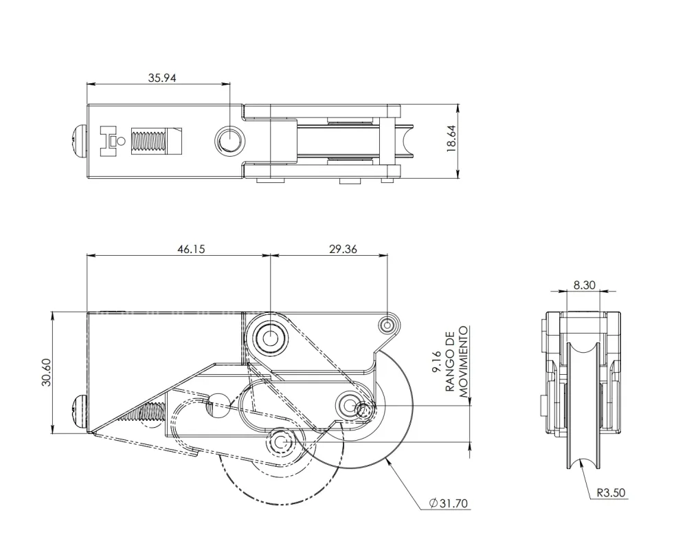 Carretilla Ajustable Con Balero De Poliamida Importado 1 1/4” Sin Tornillo Para Línea Corrediza De 3” De Cuprum Herralum