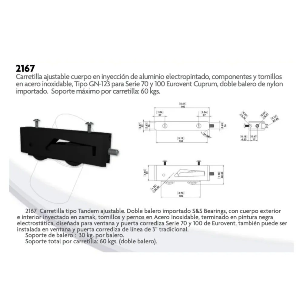 Carretilla Ajustable Tipo Tándem con Doble Balero Tipo GN-123 Para Serie 70 y 100 Eurovent Herralum - 150kg de Carga Máxima