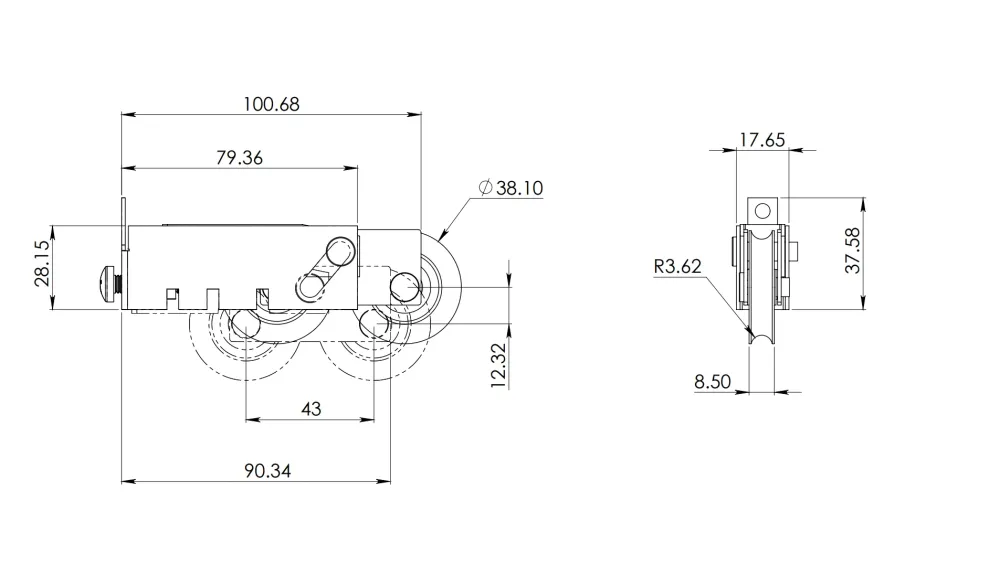 Carretilla Tándem Doble Balero de 1 1/2 y 1 1/4 Para línea Cuprum Corrediza de 3” Herralum De