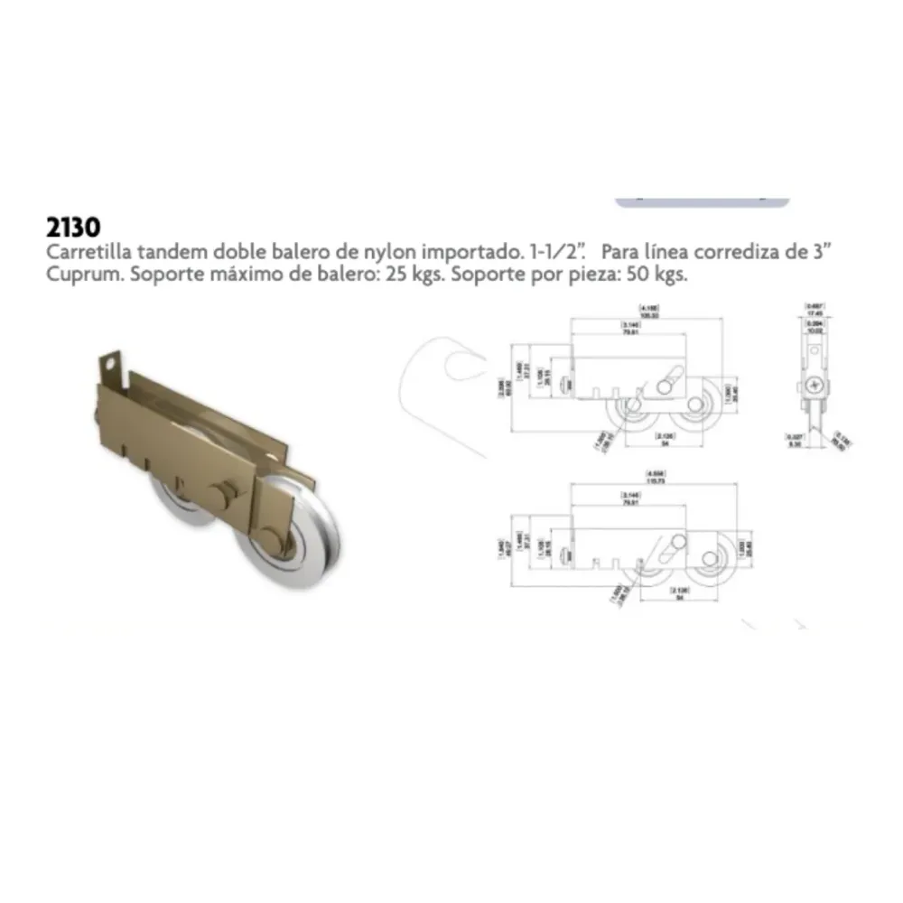 Carretilla Tándem Doble Balero de 1 1/2 y 1 1/4 Para línea Cuprum Corrediza de 3” Herralum De