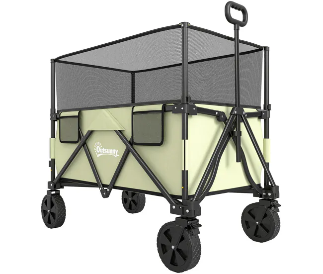 Outsunny Carro de Jardín 180 L Carro Plegable con Longitud y Ángulo del Mango Ajustables y Paredes Laterales Extensibles C...