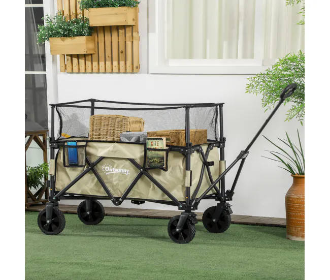 Outsunny Carro de Jardín 180 L Carro Plegable con Longitud y Ángulo del Mango Ajustables y Paredes Laterales Extensibles C...
