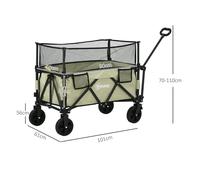 Outsunny Carro de Jardín 180 L Carro Plegable con Longitud y Ángulo del Mango Ajustables y Paredes Laterales Extensibles C...