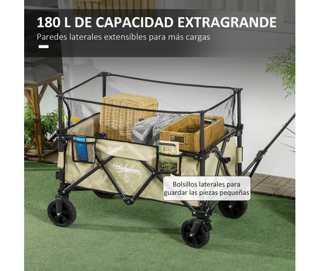 Outsunny Carro de Jardín 180 L Carro Plegable con Longitud y Ángulo del Mango Ajustables y Paredes Laterales Extensibles C...