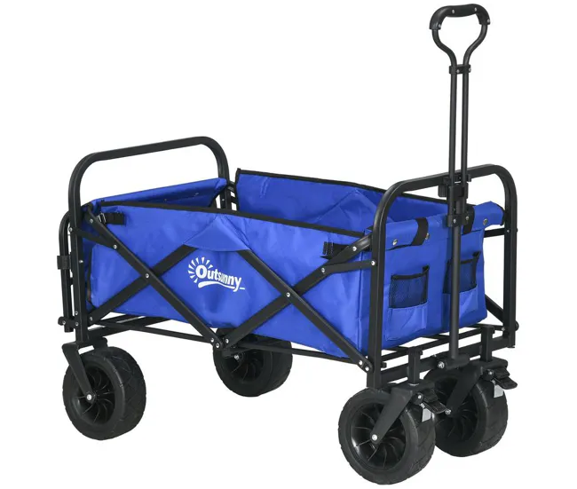 Outsunny Carro de Jardín Carro para Playa Plegable con Longitud y Ángulo del Mango Ajustables Puerta Trasera y Bolsa de Tr...