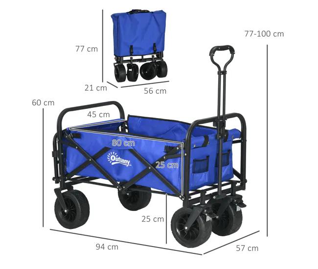 Outsunny Carro de Jardín Carro para Playa Plegable con Longitud y Ángulo del Mango Ajustables Puerta Trasera y Bolsa de Tr...