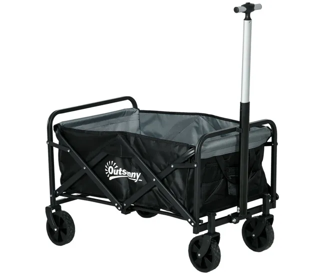 Outsunny Carro de Jardín Carro para Playa Plegable con 4 Ruedas Longitud y Ángulo del Mango Ajustables Capacidad 70 L Carg...