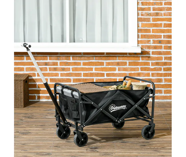 Outsunny Carro de Jardín Carro para Playa Plegable con 4 Ruedas Longitud y Ángulo del Mango Ajustables Capacidad 70 L Carg...