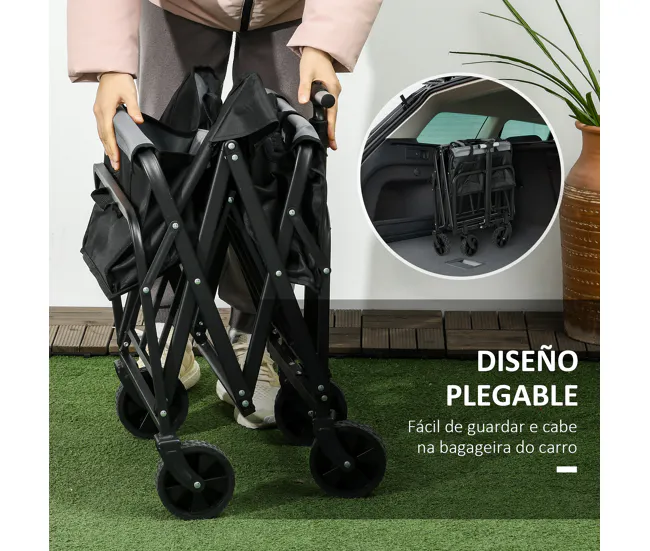Outsunny Carro de Jardín Carro para Playa Plegable con 4 Ruedas Longitud y Ángulo del Mango Ajustables Capacidad 70 L Carg...