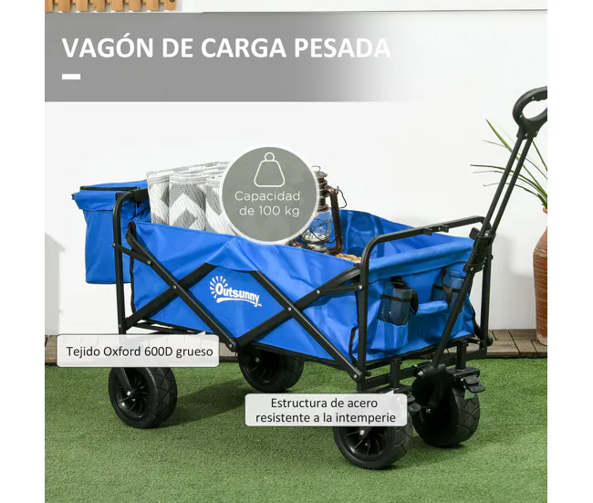 Outsunny Carro de Jardín con Bolsa Térmica Desmontable Carro para Playa Plegable con Longitud y Ángulo del Mango Ajustable...