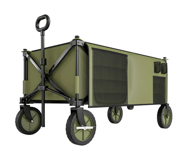 Outsunny Carro Plegable de Jardín con Ruedas Carro para Playa con Mango Telescópico Tablero Plegable 5 Bolsas Marco de Ace...