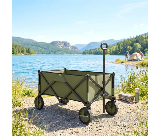 Outsunny Carro Plegable de Jardín con Ruedas Carro para Playa con Mango Telescópico Tablero Plegable 5 Bolsas Marco de Ace...