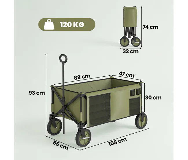 Outsunny Carro Plegable de Jardín con Ruedas Carro para Playa con Mango Telescópico Tablero Plegable 5 Bolsas Marco de Ace...
