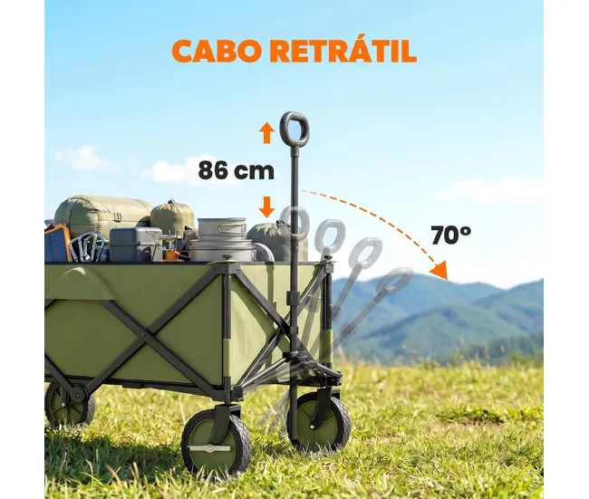 Outsunny Carro Plegable de Jardín con Ruedas Carro para Playa con Mango Telescópico Tablero Plegable 5 Bolsas Marco de Ace...