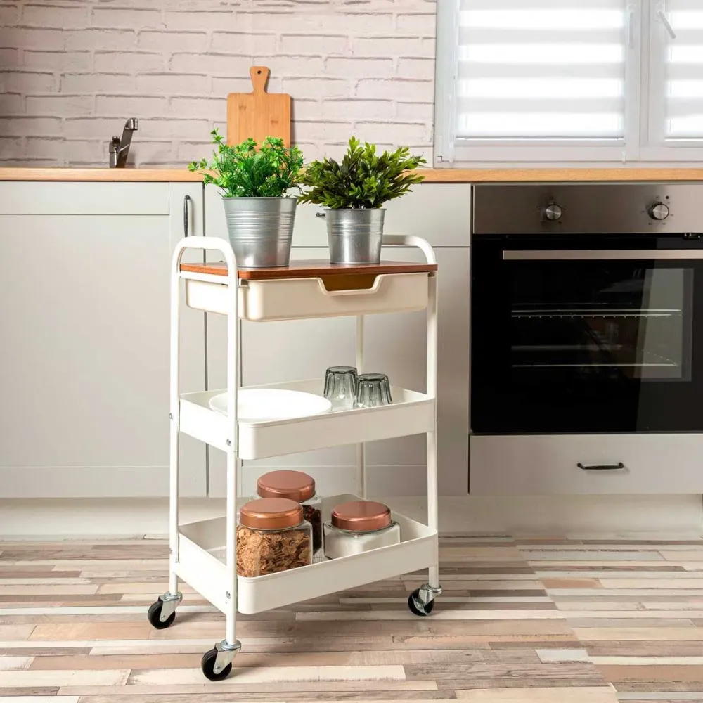 Carrito multiusos Garbo Quid 3 niveles con ruedas blanco/natural 75x46,5x30,5 cm para Terrenos Irregulares