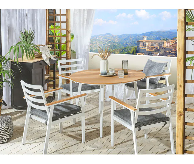 Mesa de jardín de madera plástica clara/blanco ø 105 cm CAVOLI con Mango Antideslizante