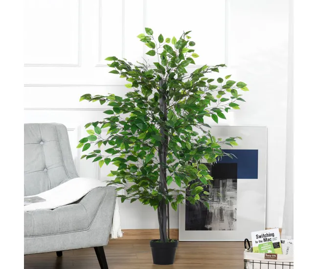 Outsunny Planta Artificial Ficus Artificial de 145 cm con 756 Hojas y Maceta para Decoración Interior y Exterior Ø20x145 c...