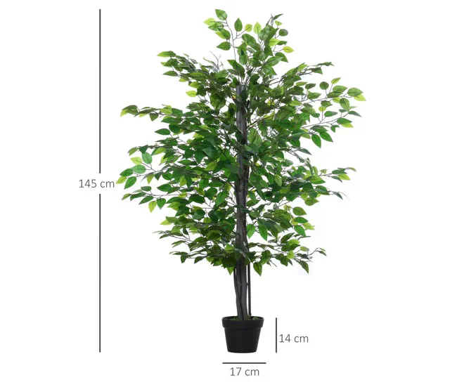 Outsunny Planta Artificial Ficus Artificial de 145 cm con 756 Hojas y Maceta para Decoración Interior y Exterior Ø20x145 c...