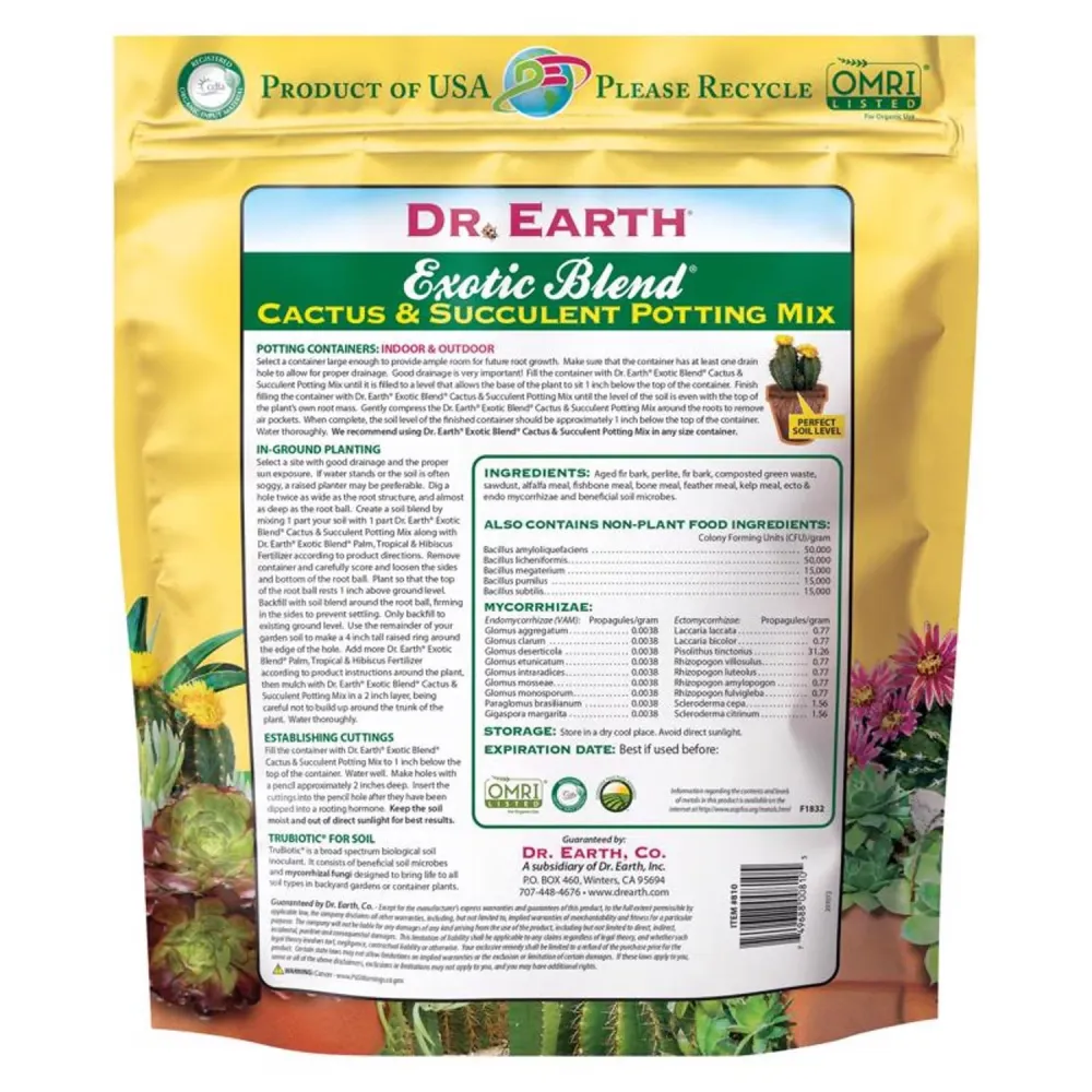 Mezcla orgánica para macetas de cactus y suculentas Dr. Earth Exotic Blend de 8 cuartos de galón