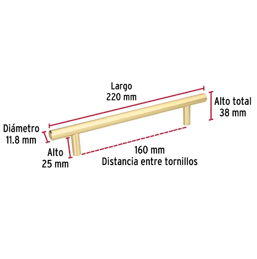 Ecológico y Sostenible Jaladera, latón luminoso, estilo Cilindro, 160 mm