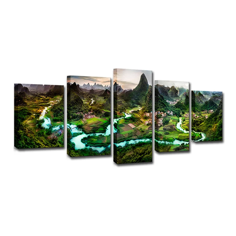 Lienzo de paisaje verde sombrío, montañ y río serpenteante, decoración moderna de pared de varias piezas con Sensor de Mov...