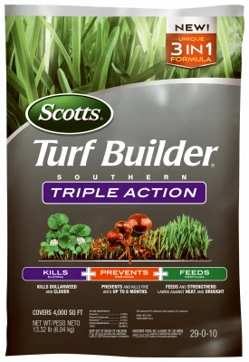 Scotts Turf Builder Triple Action 29-0-10 Control de malezas más alimento para césped para el sur 13,32 lb. 4000 pies cuad...