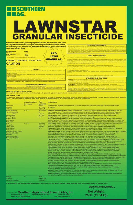 Insecticida en gránulos de bifentrina Lawnstar de Southern Ag, insecticida en gránulos para césped, 25 lb.