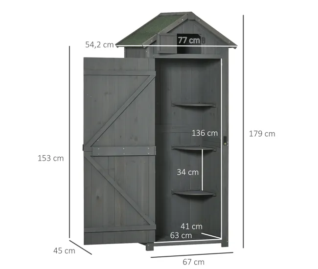 Outsunny Armario de Jardín de Madera 77x54,2x179 cm 0,3 m² Cobertizo para Almacenaje de Herramientas con 3 Estantes y 2 Pu...